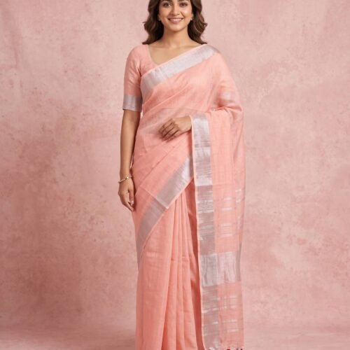 Baby Pink Pure Linen Saree