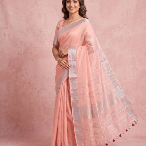 Baby Pink Pure Linen Saree