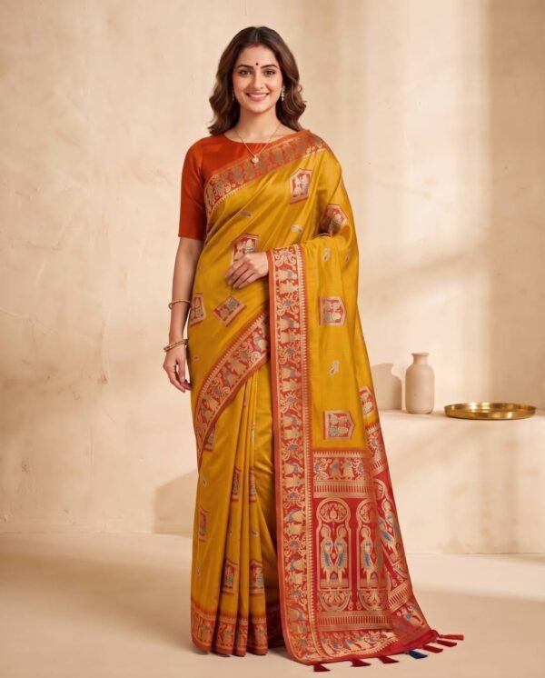 Mustard and red silk saree