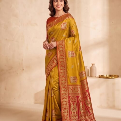 Mustard and red silk saree