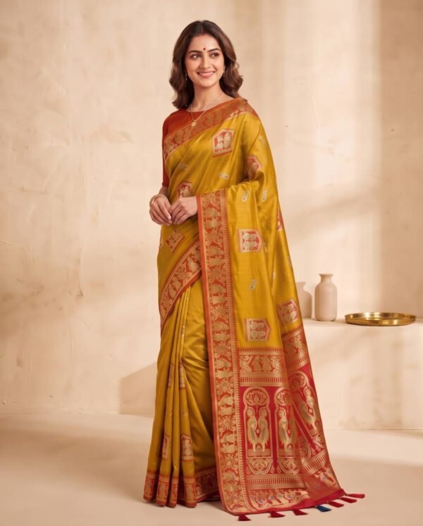 Mustard and red silk saree