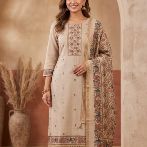 Beige Pure Tusser Unstitched Suit