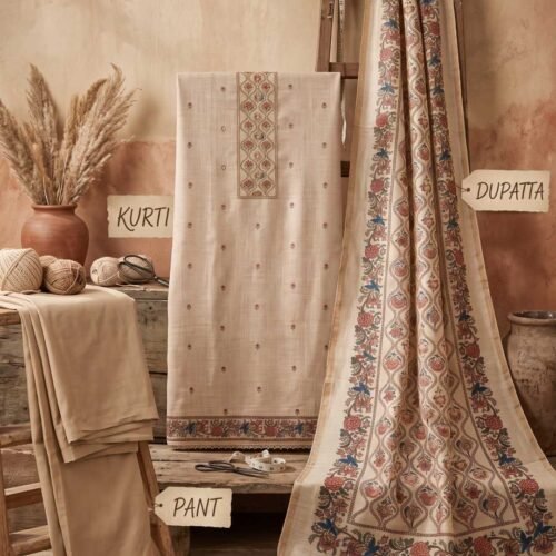 Beige Pure Tusser Unstitched Suit