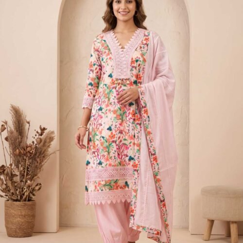 Multicolor floral Unstitched Suit in Pink
