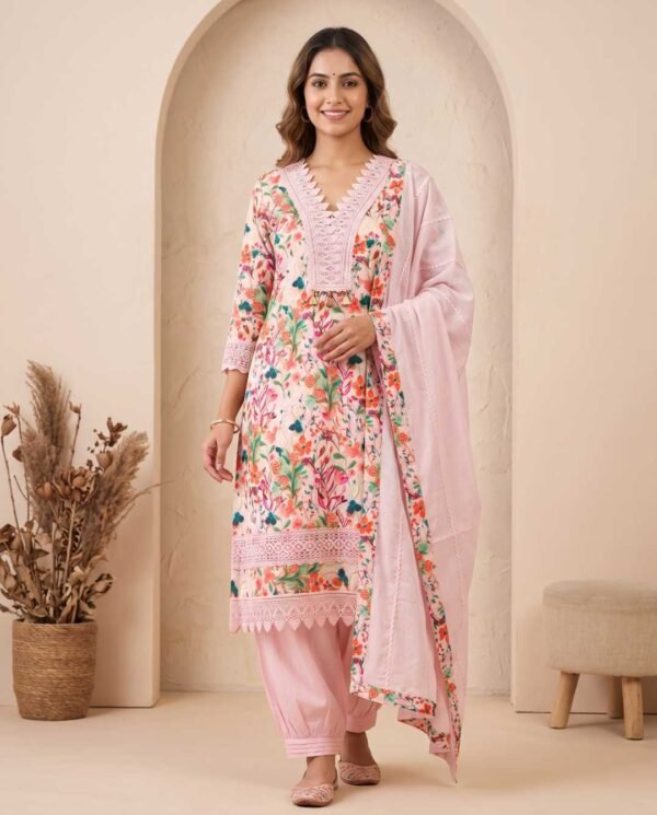 Multicolor floral Unstitched Suit in Pink