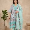 Multicolor floral unstitched suit in aqua blue