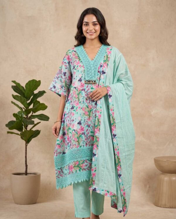 Multicolor floral unstitched suit in aqua blue