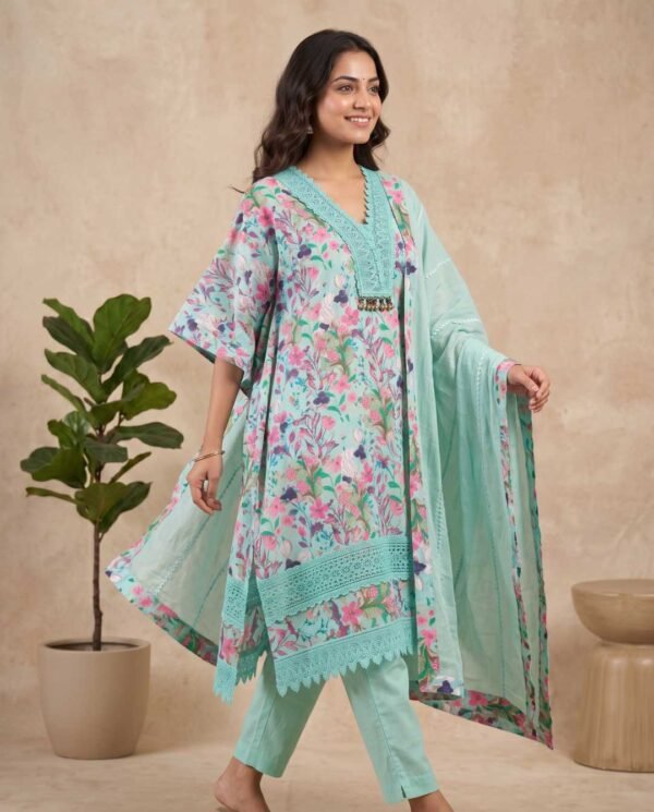 Multicolor floral unstitched suit in aqua blue