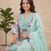 Multicolor floral unstitched suit in aqua blue