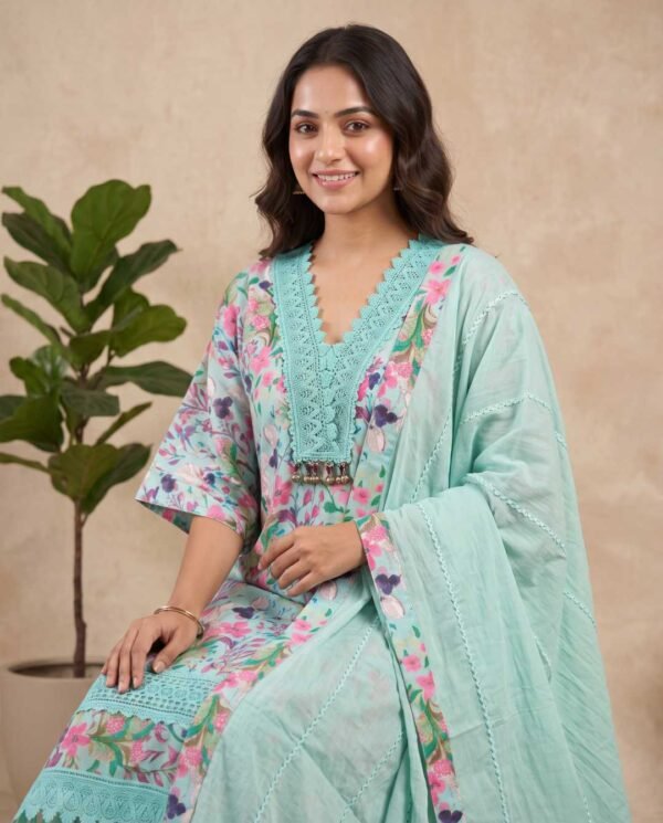 Multicolor floral unstitched suit in aqua blue