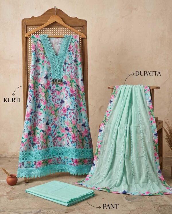 Multicolor floral unstitched suit in aqua blue