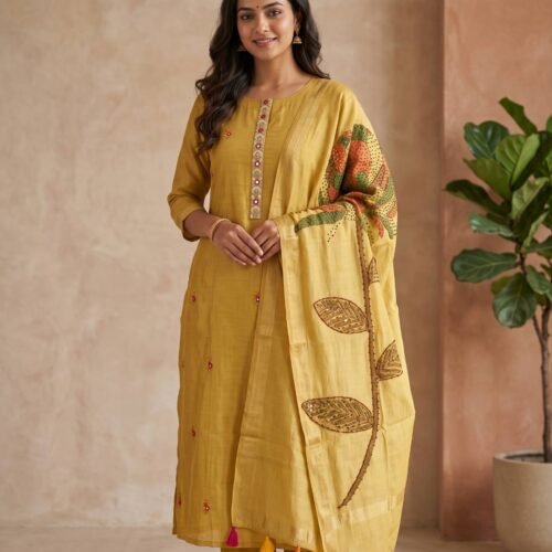 Golden Yellow Chanderi Silk Unstitched Suit