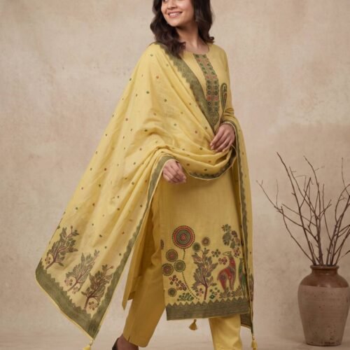 Mustard Yellow Jamdani Unstitched Suit