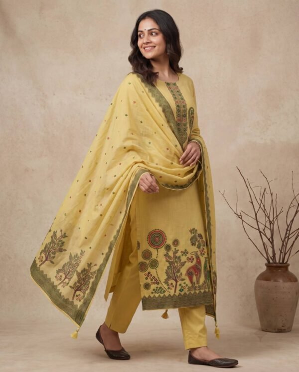 BS002467-4(1) Mustard Yellow Jamdani Unstitched Suit