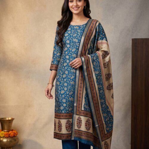 Teal Blue Gajji Silk Unstitched Suit
