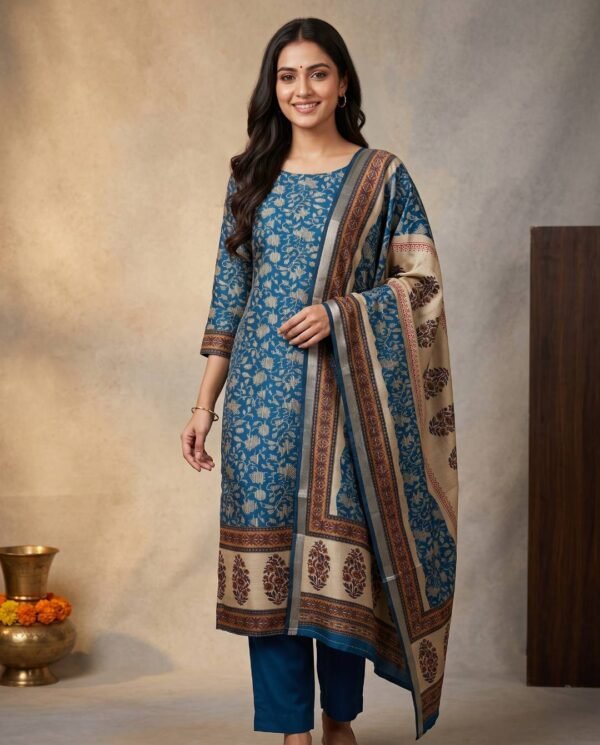 Teal Blue Gajji Silk Unstitched Suit