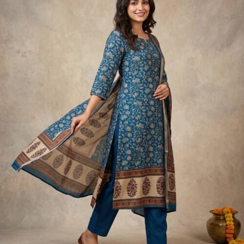Teal Blue Gajji Silk Unstitched Suit