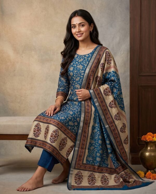 Teal Blue Gajji Silk Unstitched Suit