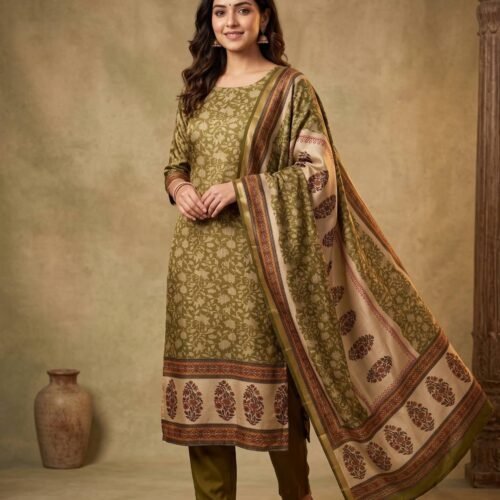 Olive Green Gajji Silk Unstitched Suit