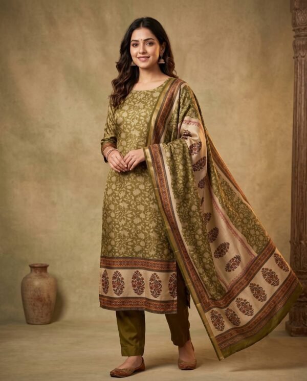 Olive Green Gajji Silk Unstitched Suit