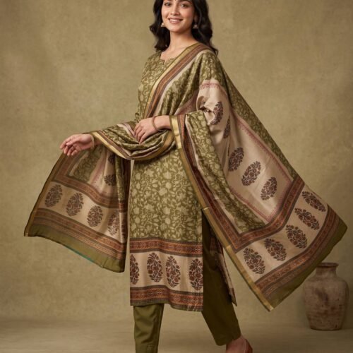 Olive Green Gajji Silk Unstitched Suit