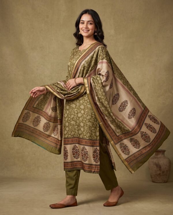 Olive Green Gajji Silk Unstitched Suit
