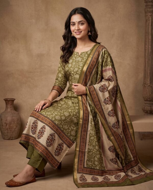 Olive Green Gajji Silk Unstitched Suit