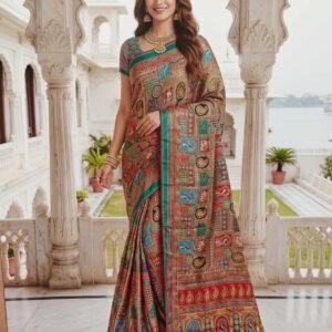 Green Multicolored Printed Silk Saree