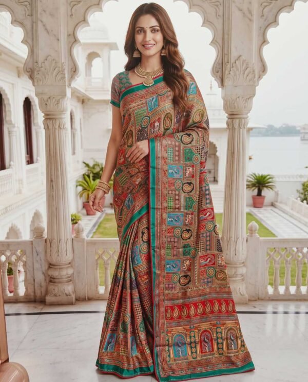 Green Multicolored Printed Silk Saree