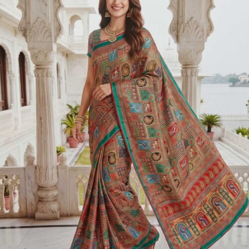 Green Multicolored Printed Silk Saree