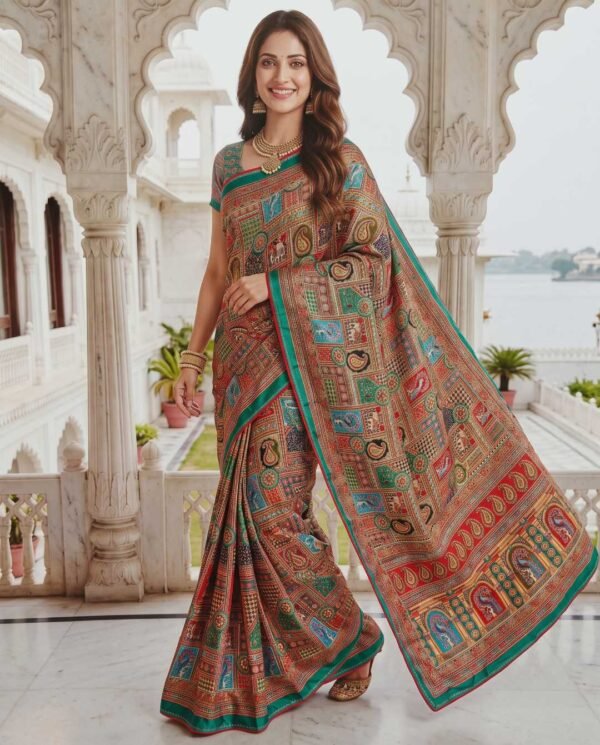 Green Multicolored Printed Silk Saree