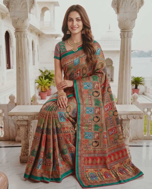 Green Multicolored Printed Silk Saree