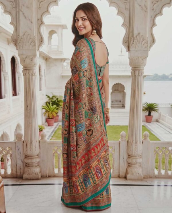 Green Multicolored Printed Silk Saree