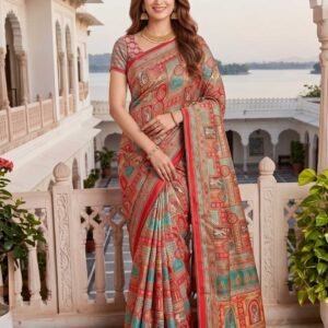 Red Multicolored Printed Silk Saree