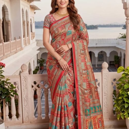 Red Multicolored Printed Silk Saree