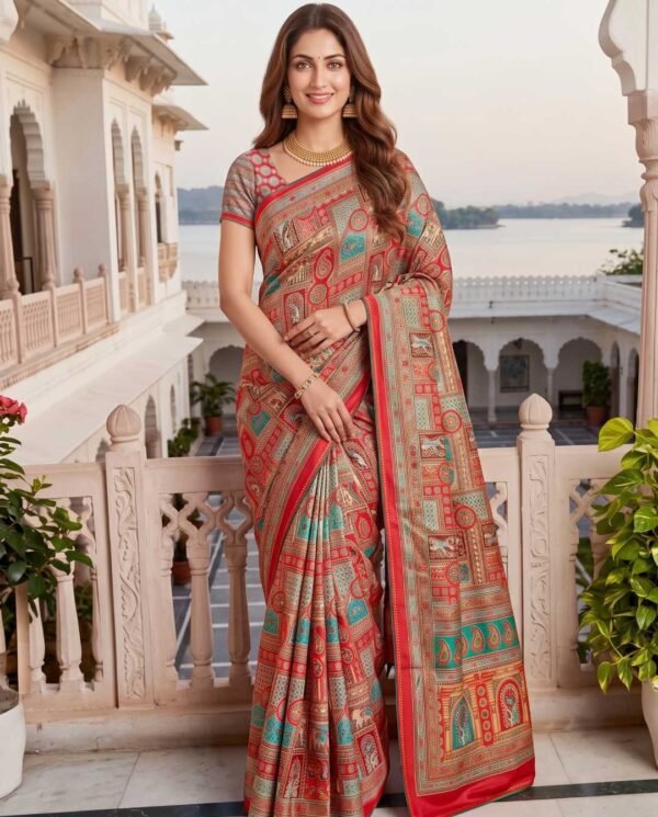 Red Multicolored Printed Silk Saree
