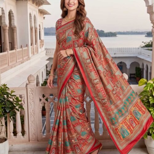 Red Multicolored Printed Silk Saree