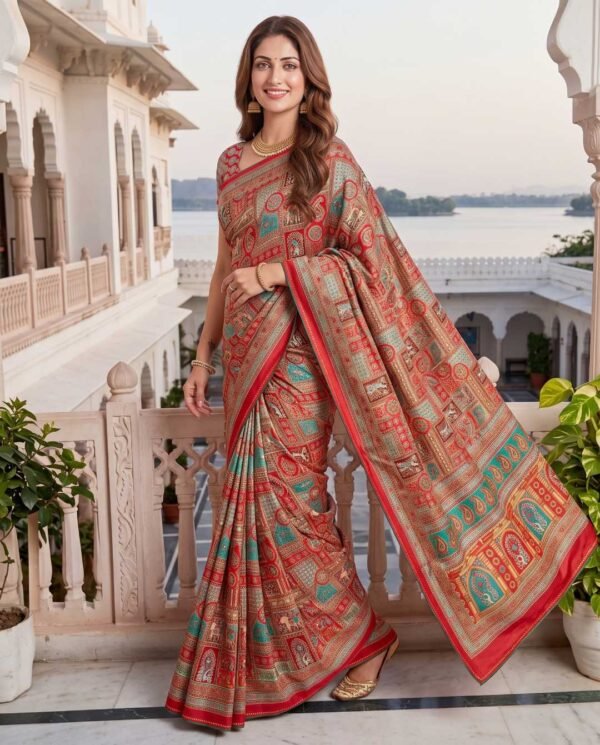 Red Multicolored Printed Silk Saree