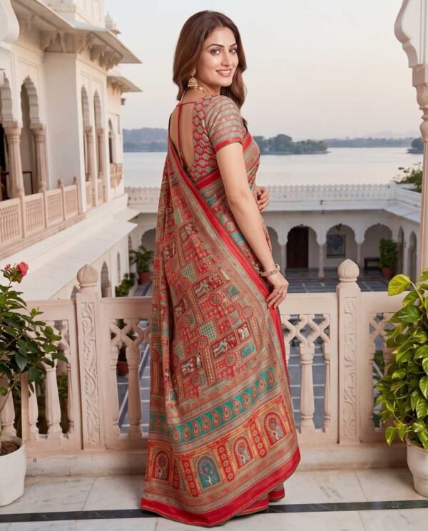 Red Multicolored Printed Silk Saree
