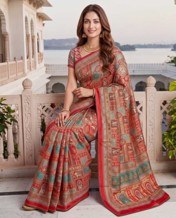 Red Multicolored Printed Silk Saree