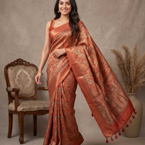 Orange Printed Silk Saree