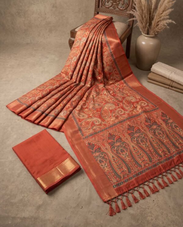 Orange Printed Silk Saree Orange-Green Printed Silk Saree