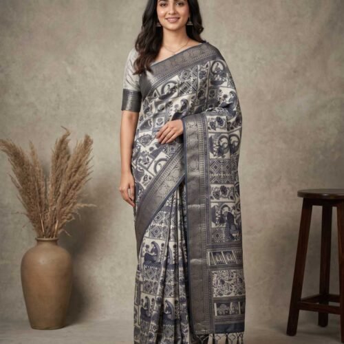 Grey Printed Silk Saree