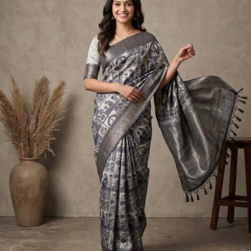 Grey Printed Silk Saree